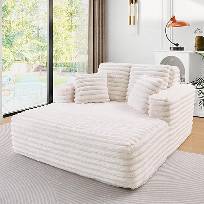 JEEOHEY 56" Oversized Chaise Lounge Chair Indoor,Plush Faux Fur Sleeper Sofa Couch Bed with Pillows&Wide Armrests,Fluffy Comfy Cloud Couch,Compression Foam Couch for Living Room,Bedroom(Beige)