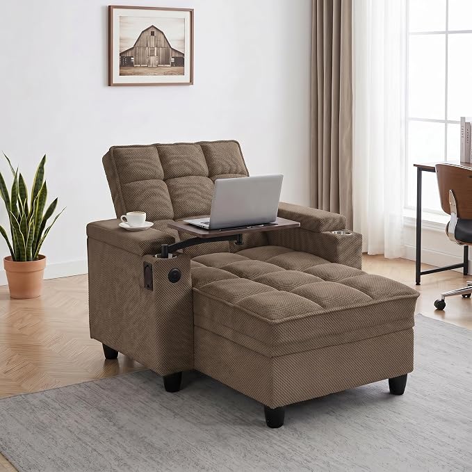 Convertible Sleeper Chair, Pull Out Sofa Bed with Adjustable Backrest & Hidden Storage Armrest, Single Sofa Recliner with USB Charging Port & Cup Holders for Living Room, Bedroom, Coffee