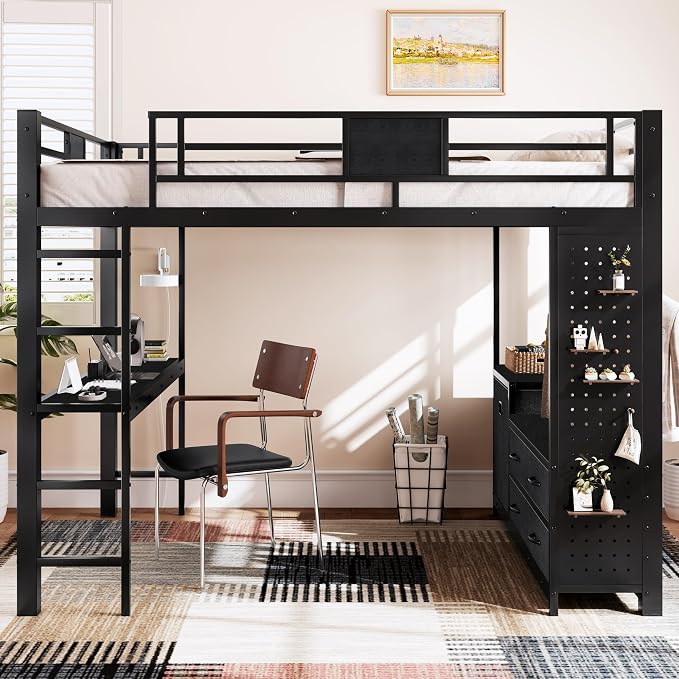 Bellemave Queen Size Loft Bed with Desk and Storage Pegboard, Queen Loft Bed Frame with Storage Drawers, Laundry Hamper and Clothes Hanging Rod, Adults Loft Beds Nosie-Free, Black
