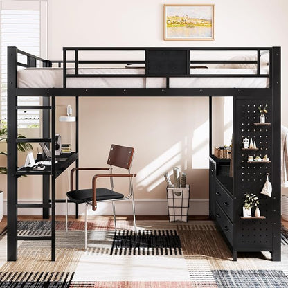 Bellemave Queen Size Loft Bed with Desk and Storage Pegboard, Queen Loft Bed Frame with Storage Drawers, Laundry Hamper and Clothes Hanging Rod, Adults Loft Beds Nosie-Free, Black