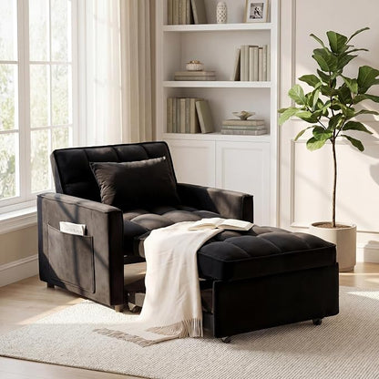 Sleeper Chair, Pull Out Chair Sleeper with Adjustable Back & Pocket, Convertible Chairs Bed Sleepers for Adults, 3 in 1 Sofa Bed Chairs for Small Spaces, Living Room, Black