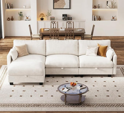 Modular Sectional L Shaped Sofa Couches for Living Room, Cloud Couch with Storage Ottoman, Comfy Chenille Sofa with Pillow, Beige
