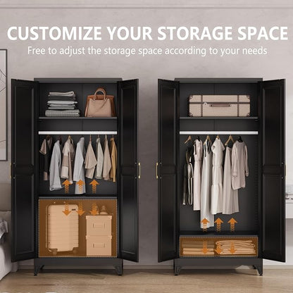 Polup Metal Armoire Wardrobe Closet with Hanging Rod, 71" Tall Wardrobe Cabinet for Clothes, Black Clothing Storage Cabinet with Doors and Shelves, Large Wardrobes for Bedroom, Office, School, Gym