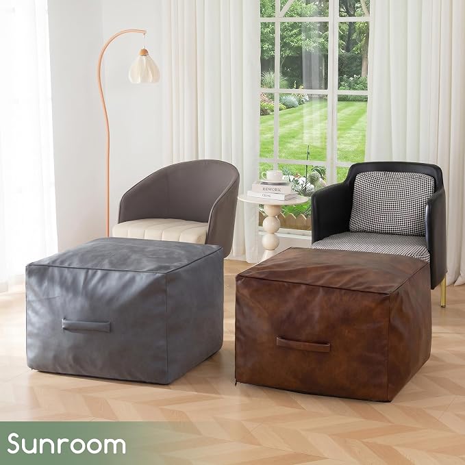 HIGOGOGO Square Stuffed Pouf Ottoman, Pu Leather Poufs with Foam Chunk Filling, Furry and Fluffy Pouf Foot Stool Storage Ottoman,20 X 14 Inches Floor Poufs Foot Rest for Living Room, Grey