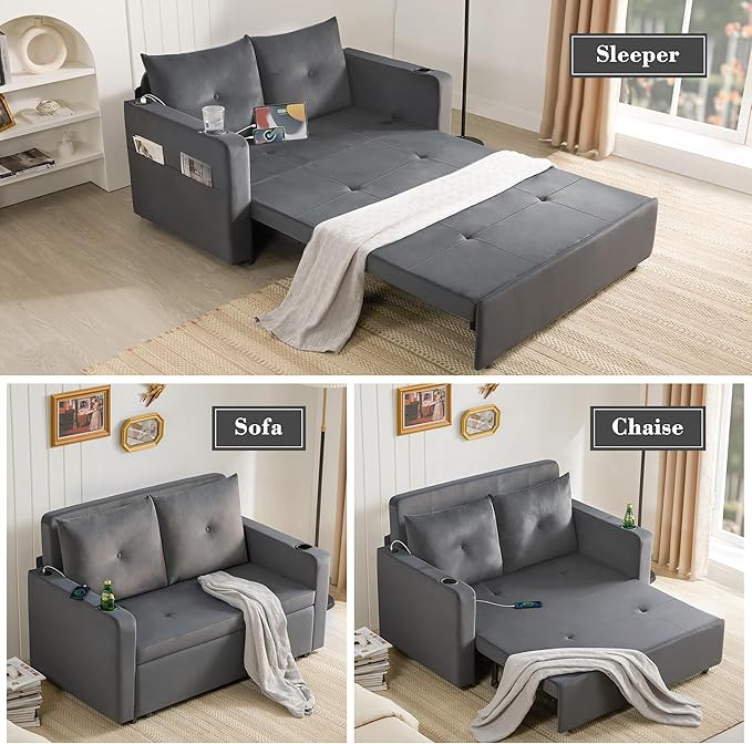 Krcix 3 in 1 Pull Out Couch, 56 Inch Velvet Sofa Bed, Convertible Sleeper Sofa for Living Room, Small Space, Upholstered Loveseat Couch Bed with USB, Cup Holder Charcoal Grey