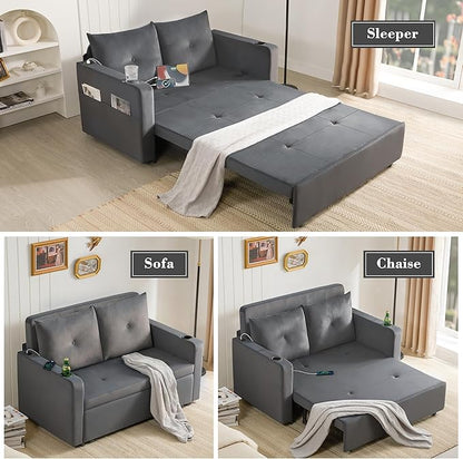 Krcix 3 in 1 Pull Out Couch, 56 Inch Velvet Sofa Bed, Convertible Sleeper Sofa for Living Room, Small Space, Upholstered Loveseat Couch Bed with USB, Cup Holder Charcoal Grey