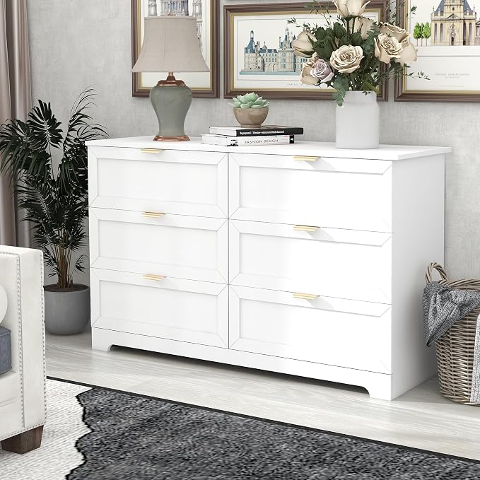 6 Drawer Dresser for Bedroom, Modern Long Chest with Large Drawer, Wooden Chest of Dresser Storage Cabinet Organizer Unit for Living Room, Cloakroom, Entryway, Hallyway (White)