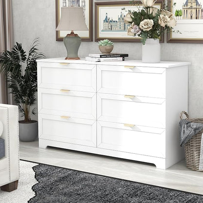 6 Drawer Dresser for Bedroom, Modern Long Chest with Large Drawer, Wooden Chest of Dresser Storage Cabinet Organizer Unit for Living Room, Cloakroom, Entryway, Hallyway (White)