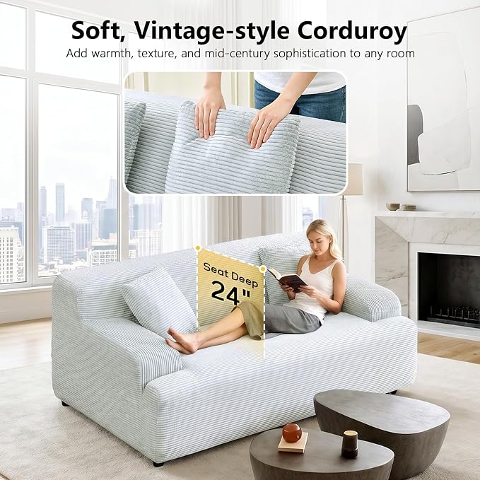 VINGLI 72" W Boneless Loveseat Sofa, Cloud Corduroy Couch in a Box, Compressed Deep Seat Sofa with 10.6" Wide Curved Armrests, Easy Assembly Required for Living Room, Apartments & Office, Light Blue