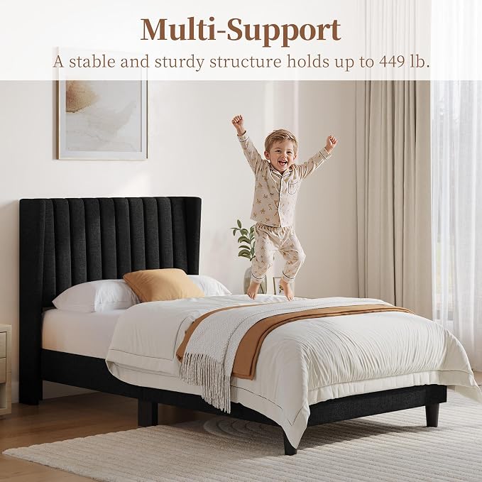 Yaheetech Twin Bed Frame Upholstered Platform Bed with Fabric Headboard, Wing Edge Design/Non-Slip and Noise-Free/Wooden Slats Support/No Box Spring Needed/Easy Assembly,Black Twin Bed