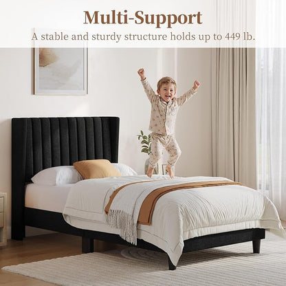 Yaheetech Twin Bed Frame Upholstered Platform Bed with Fabric Headboard, Wing Edge Design/Non-Slip and Noise-Free/Wooden Slats Support/No Box Spring Needed/Easy Assembly,Black Twin Bed