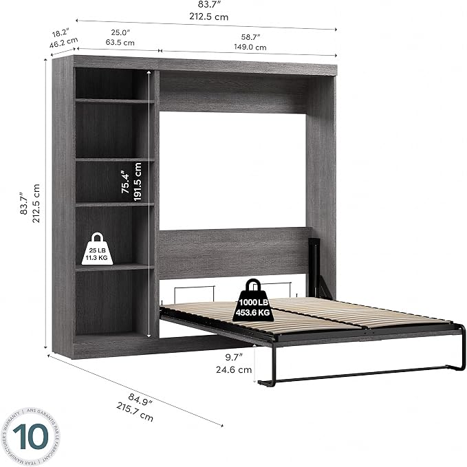 Bestar Pur Full Murphy Bed with Shelving Unit, 84-inch Space-Saving Wall Bed for Multipurpose Room