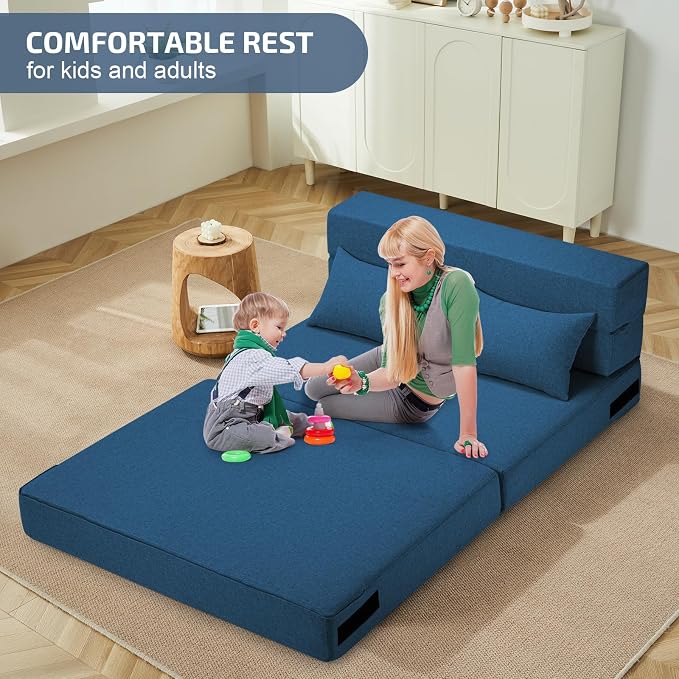 SUYOLS Folding Sofa Bed with Pillow- Convertible Chair Floor Couch & Sleeping Mattress, Foldable Memory Foam Sleeper for Living Room/Dorm/Guest Room/Home Office/Apartment/Loft,Twin,Navy Blue