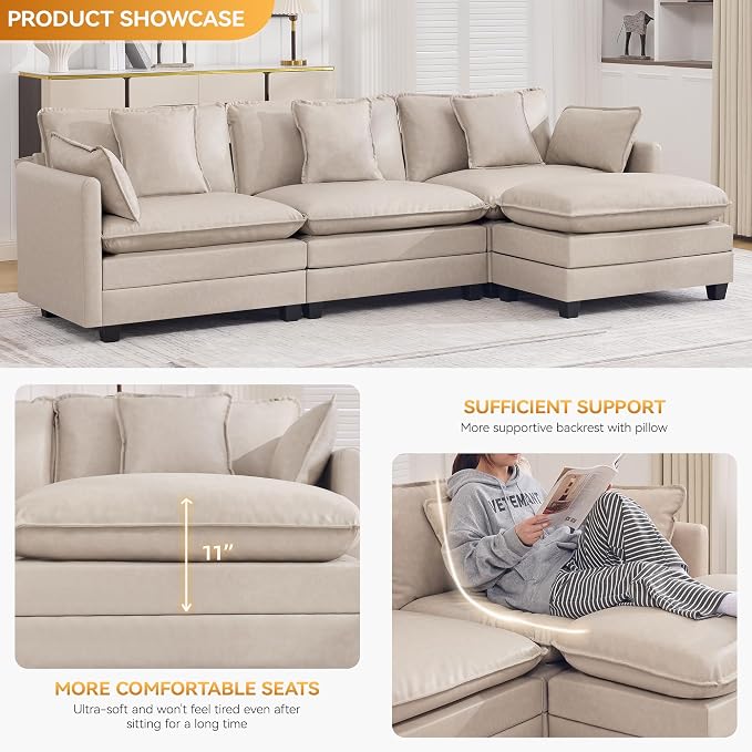 111'' Sectional Cloud Deep Seat Couch, Modern Comfy Leather L Shaped Sectional Sofa for Living Room Set, Upholstered Modular 4-Seats Sofa Couch with 1 Movable Ottoman, Leather Beige