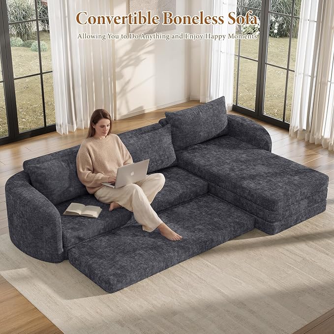 Vesgantti 110.2" Boneless Sectional Couch with Curved Armrest, 6 in 1 Convertible Folding Sleeper Sofa Bed, Chenille Modular Sofa for Living Room, No Assembly Required, Blue, Right Facing Chaise