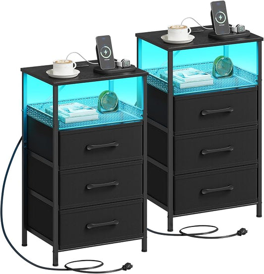 JARHETUN Night Stand Set 2 with Charging Station, 3 Drawer Nightstands with LED Lights, End Table with Outlets and USB Ports, Side Table with Open Shelf, Bedside Tables for Bedroom, Black