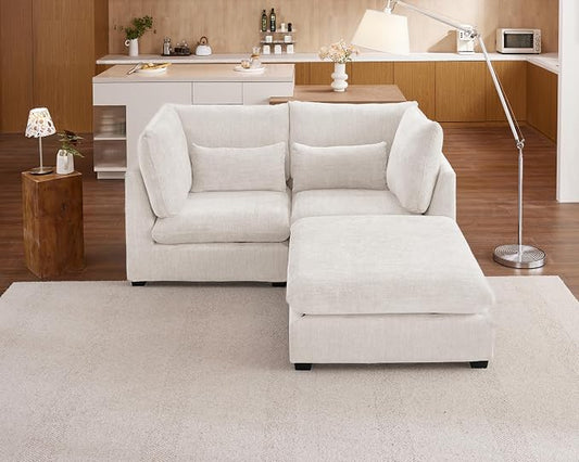 77" Oversized Chenille Couch Modular Sectional Sofa, Washable Cloud Couch Sectional with Ottoman, 3 Seater Sectional Couches for Living Room, Fully Cover Removable, L Shaped, Chenille, White
