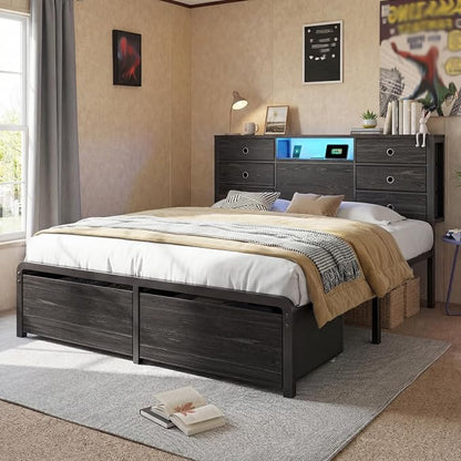 Homkdom Queen Bed Frame,8 Drawers,LED Lights,Charging,Headboard,Black | 8 Fabric organizers , USB and Type-C power ports, Supports up to 880 lbs,Noise-free and quick assembly for bedroom