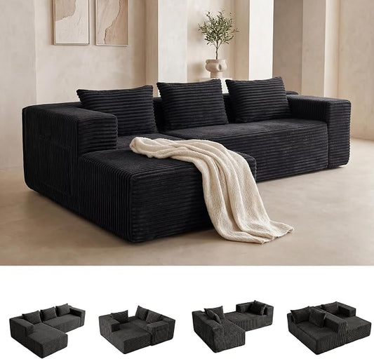Modular Sectional L-Shaped Sofa with Deep Seat, Modern Boneless Comfy Corduroy Fluffy Couch with Side Pockets and Anti-Slip & Floor-Friendly Bottom for Living Room, No Assembly, Black