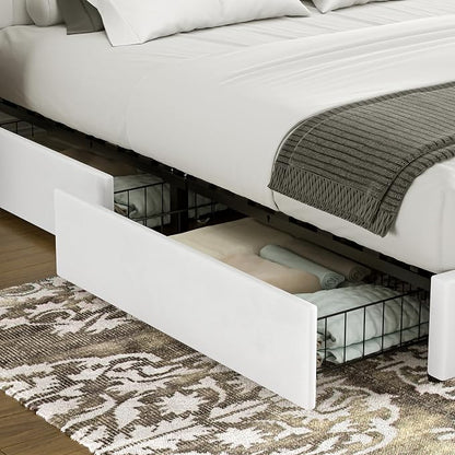VECELO King Size Upholstered Bed Frame with 4 Drawers and Headboard, Velvet Platform Storage Bedframe, Wooden Slats Support, No Box Spring Needed,Snow-White