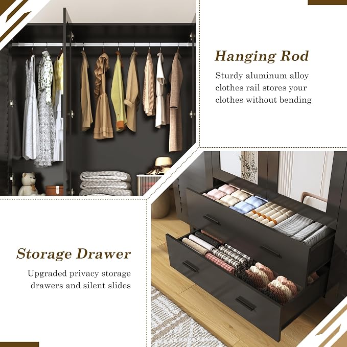 jiteentarou 4 Door Armoire Wardrobe Closet Cabinet with Drawers and LED Lights, Multi-Tier Shelves, Hanging Rod & Louver Doors, Large Capacity Storage Wardrobe Armoire for Bedroom(4 Doors Black)