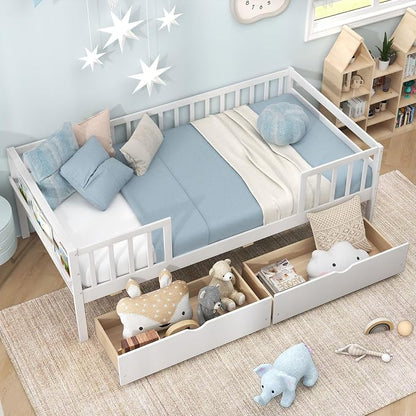 Giantex Twin Kids Bed with Storage Drawers, Wood Montessori Bed with Rails & Side Shelf, Low Daybed for Boys, Girls, No Box Spring Needed (White)
