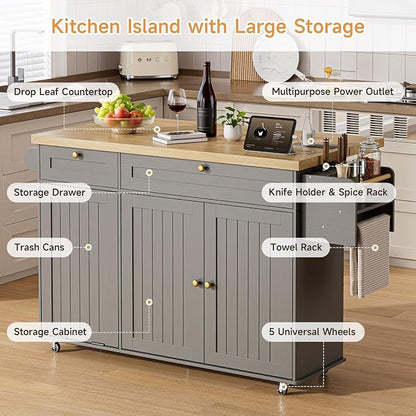 ONBRILL 60" Kitchen Island with Power Outlet & Drop Leaf, Rolling Island with Spice Rack & Towel Rack, Kitchen Island Cart with Trash Storage Cabinet, Island Table for Kitchen, Grey