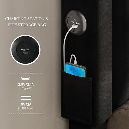 DWVO Queen Size Bed Frame with Adjustable Headboard, 4 Storage Drawers and RGB LED Lights, Velvet Upholstered Platform Bed with USB Ports, No Box Spring Needed, Fast Assembly, Noise-Free, Black