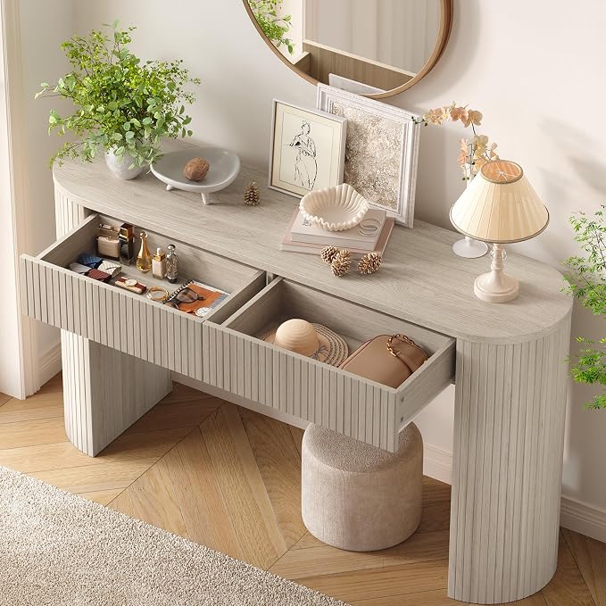 ONBRILL 55 Inch Console Table with 2 Drawers, Entryway Tables with Storage, Sofa Table Behind The Couch, Hallway Tables, Natural White