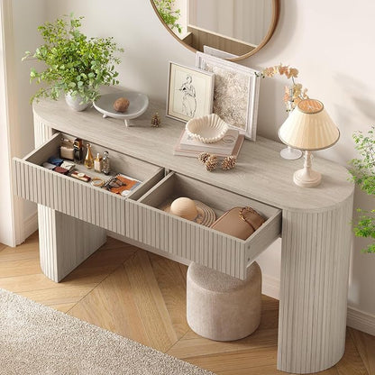 ONBRILL 55 Inch Console Table with 2 Drawers, Entryway Tables with Storage, Sofa Table Behind The Couch, Hallway Tables, Natural White