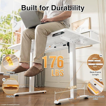 Veken 47x28 in Electric Standing Desk with Drawers, Adjustable Table, White | Stand up Computer Desk for Home Office, Work & Study, with Storage, 3 Memory Presets, Cable Organizer, Hook, and Quiet Lift.