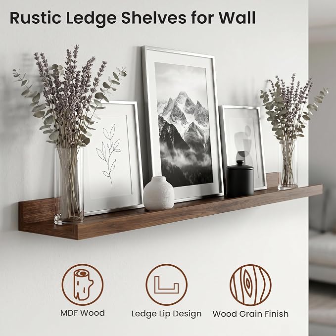 Axeman Picture Ledge Shelf | 40 Inch Floating Shelves Set of 4 | Walnut Wall Shelves with Lip | Walnut Picture Shelf for Wall with Ledge | Wood Photo Ledges for Living Room Bedroom