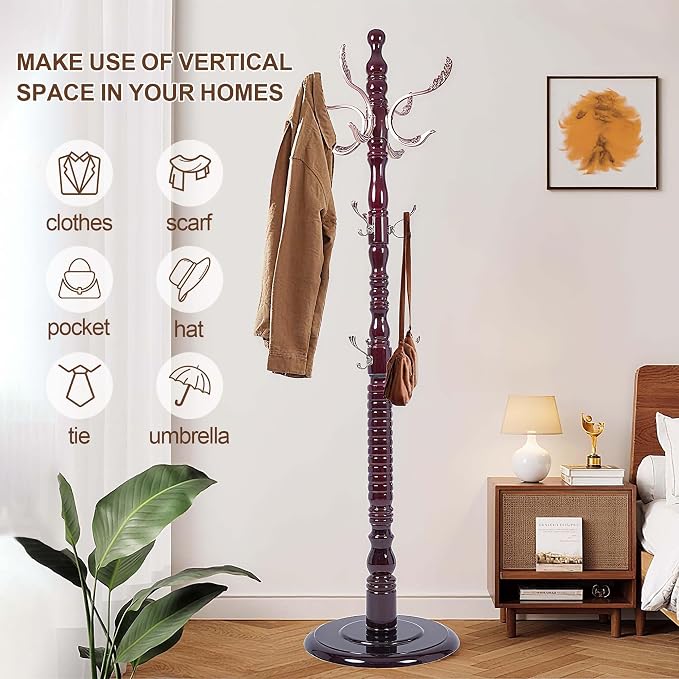 Wooden Coat Rack Freestanding with 20 Metal Hooks, Adjustable Height Coat Tree Free Standing Heavy Duty for Entryway, Easy Assembly Solid Wood Sturdy Coat Hats Hanger Stand for Office Hallway Bedroom