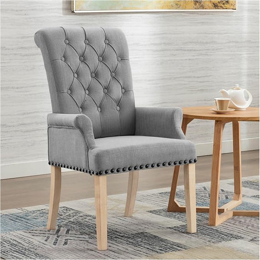 adochr Upholstered Fabric Accent Dining Chair, Elegant Tufted Club Dining Room Kitchen Room Arm Dining Chair, Light Grey