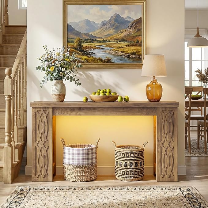 Cyclysio 47" Console Table with Outlet, Farmhouse Entryway Table with Colorful LED Lights, Wooden Sofa Table with Unique Carved Design, Foyer Accent Table for Entrance, Hallway, Living Room Natural