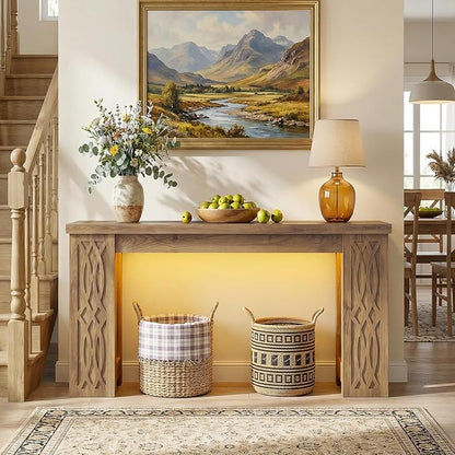 Cyclysio 47" Console Table with Outlet, Farmhouse Entryway Table with Colorful LED Lights, Wooden Sofa Table with Unique Carved Design, Foyer Accent Table for Entrance, Hallway, Living Room Natural