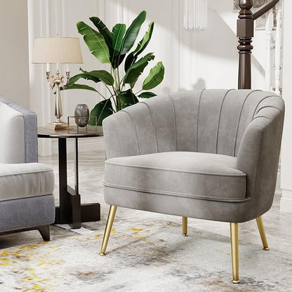 Andeworld Velvet Accent Chair, Upholstered Modern Single Sofa Side Chair,Comfy Barrel Club Living Room Armchair with Golden Metal Legs for Bedroom Living Reading Room Office, Grey