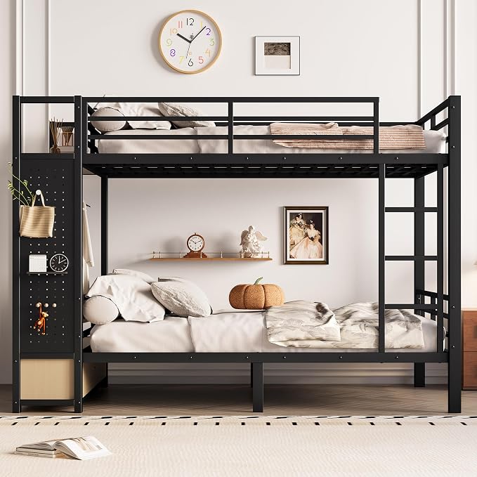 DNYN Full Over Full Metal Bunk Bed with 2 Drawers and Built-in Wardrobe for Teens Bedroom/Dorm/Staff Housing, Space-Saving Bed Frame with Storage Shelves and Pegboard, No Box Spring Needed