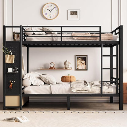 DNYN Full Over Full Metal Bunk Bed with 2 Drawers and Built-in Wardrobe for Teens Bedroom/Dorm/Staff Housing, Space-Saving Bed Frame with Storage Shelves and Pegboard, No Box Spring Needed
