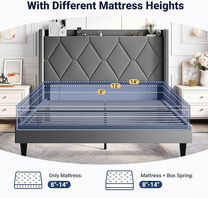 Allewie Velvet Full Size Upholstered Bed Frame with Wingback Storage Headboard & Charging Station, Platform Bed with Diamond Tufted Design & Gold Trim, No Box Spring Needed, Easy Assembly, Grey
