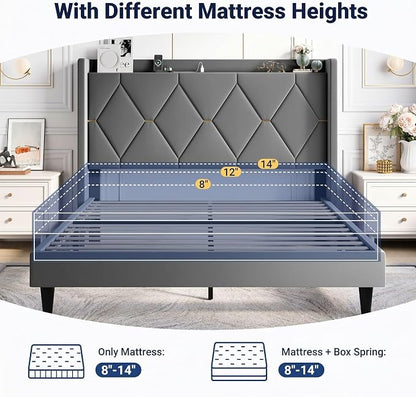Allewie Velvet Full Size Upholstered Bed Frame with Wingback Storage Headboard & Charging Station, Platform Bed with Diamond Tufted Design & Gold Trim, No Box Spring Needed, Easy Assembly, Grey