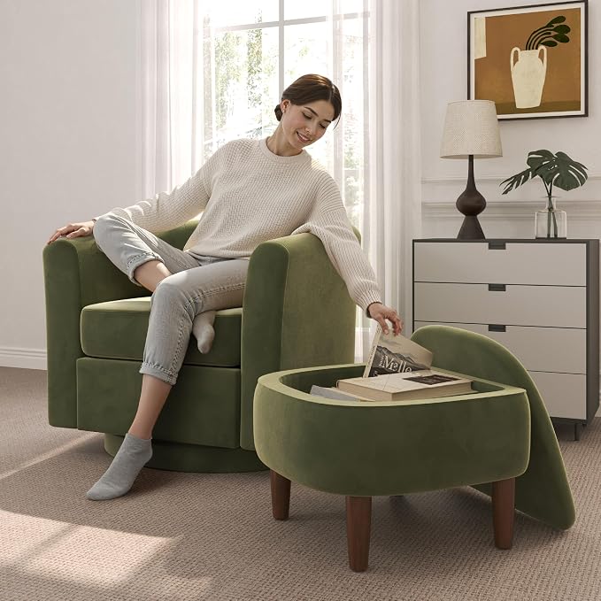 Swivel Accent Chair with Storage Ottoman, Modern Velvet Barrel Chair, Upholstered Armchair with Footrest for Living Room/Reading/Bedroom, 25.4'' D x 28.35'' W x 24.4'' H, Green