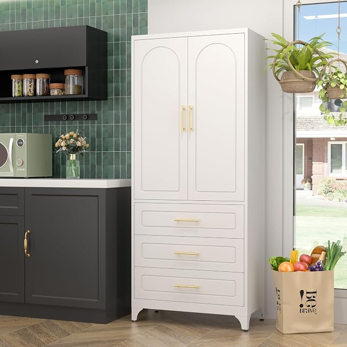 SteeLoong Metal Kitchen Pantry Cabinet with 3 Drawers，75 Inch White Food Pantry Cabinets for Kitchen Storage with 2 Adjustable Shelves,Tall Storage Cupboard for Living Room,Dining Room Office