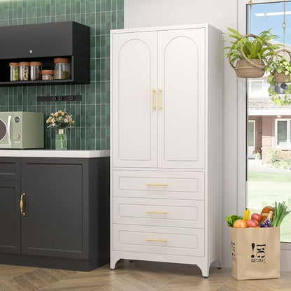 SteeLoong Metal Kitchen Pantry Cabinet with 3 Drawers，75 Inch White Food Pantry Cabinets for Kitchen Storage with 2 Adjustable Shelves,Tall Storage Cupboard for Living Room,Dining Room Office