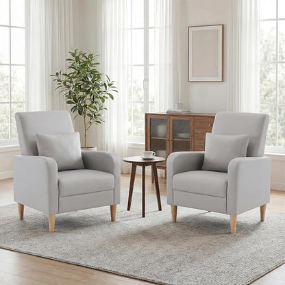 COLAMY Mid-Century Modern Accent Chairs Set of 2, Faux Leather Upholstered Living Room Chairs with Back Pillow & Solid Wood Legs, Comfy Armchair for Living Room, Bedroom, Single Sofa, Light Grey