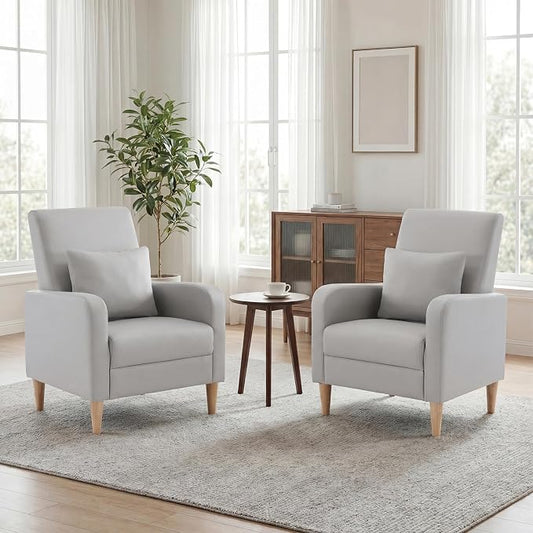 COLAMY Mid-Century Modern Accent Chairs Set of 2, Faux Leather Upholstered Living Room Chairs with Back Pillow & Solid Wood Legs, Comfy Armchair for Living Room, Bedroom, Single Sofa, Light Grey