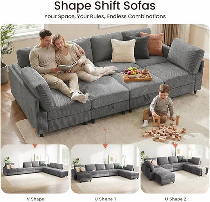 KKL Modular 8 Seater 108 Inch Sofa Bed - 2 * 4 Sectional Sleeper Sofabed with Storage Ottoman, Convertible L/U Shaped Sleeper Couch for Living Room, Modern Reversible Design, Grey