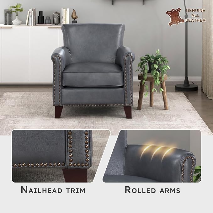 Lexicon 100% Top Grain Genuine Leather Chair, Leather Accent Chairs for Living Room, Solid Wood Frame, Rolled Armrest & Nailhead Trim, Comfy Reading for Bedroom, Office, Waiting Room, Burnish Gray