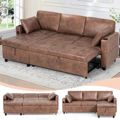 84" L-Shape Pull Out Sofa Bed with Adjustable Backrest, Upholstered Sectional Sleeper Sofa with Storage Chaise, Suede Leather Reversible Couch Bed with USB Port for Living Room, House, Brown