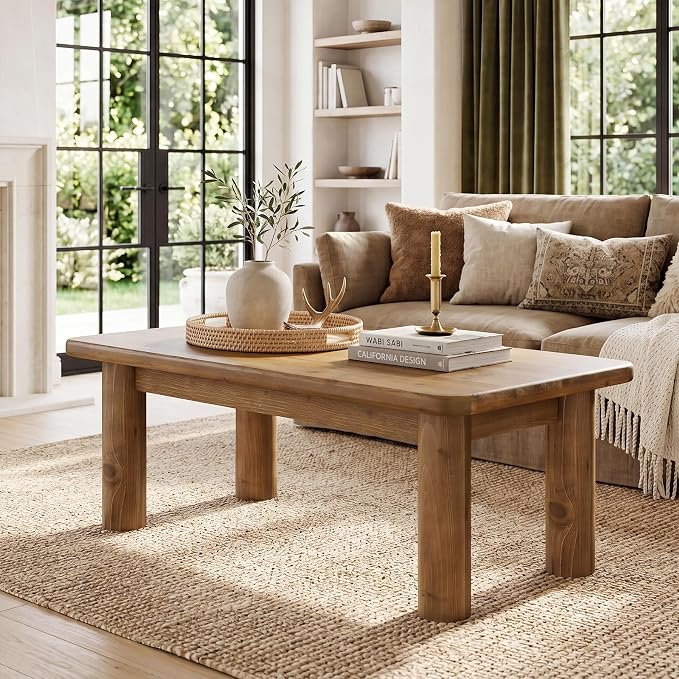 47-Inch Solid Wood Coffee Table, Rustic Rectangular Center Table for Living Room, Low Cocktail Tea Furniture with Thick Cylindrical Legs